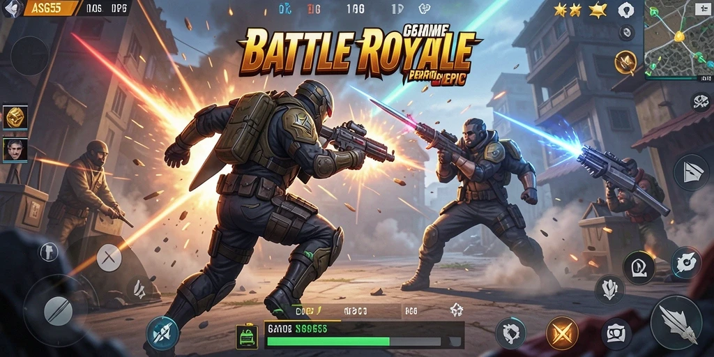 Tampilan seru dari gameplay ASG55 dalam pertarungan Battle Royale.