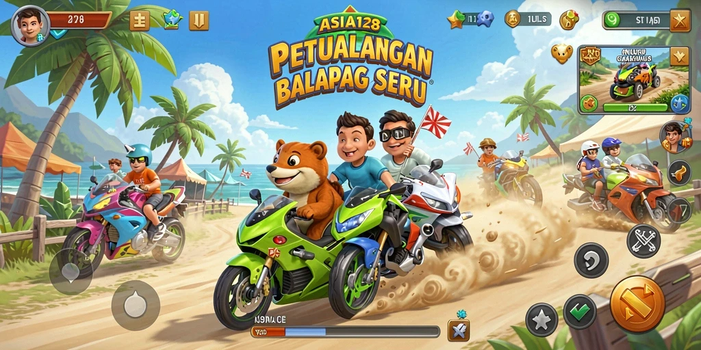Tampilan gameplay ASIA128 yang mendebarkan di trek balapan.