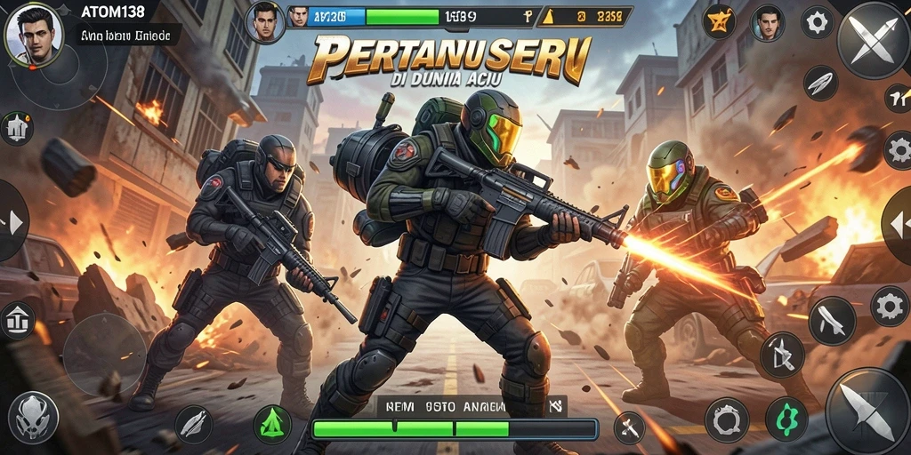 Tampilan gameplay ATOM138 dengan pertarungan seru dan karakter dinamis.