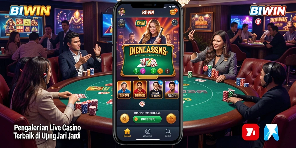 Tampilan utama BIWIN menunjukkan dealer langsung yang menyapa pemain.
