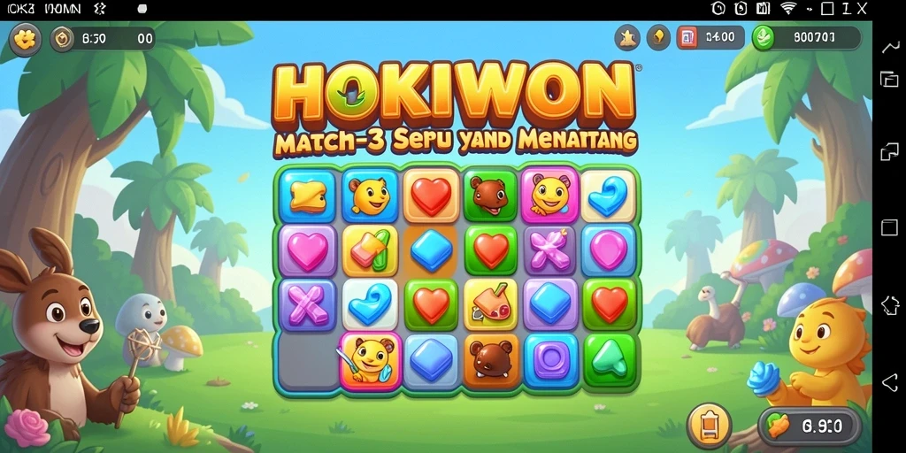 Tampilan gameplay HOKIWON dengan berbagai permata warna-warni yang menantang.