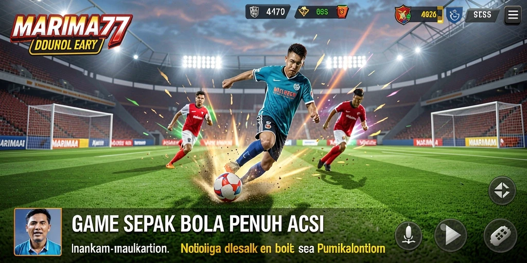 Screenshot utama MARIMA77 menampilkan aksi seru dalam pertandingan sepak bola.