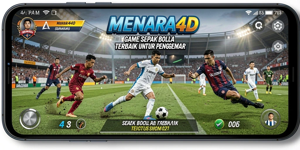 Tampilan gameplay seru di MENARA4D dengan aksi sepak bola yang mendebarkan.