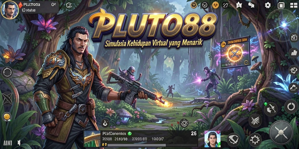Screenshot utama PLUTO88 menampilkan gameplay simulasi yang kaya.